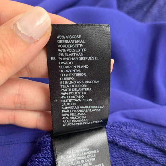 H&M Mixed Media Top Women M Deep Blue Contrast Open Knit Long Sleeve High Low - Picture 12 of 16